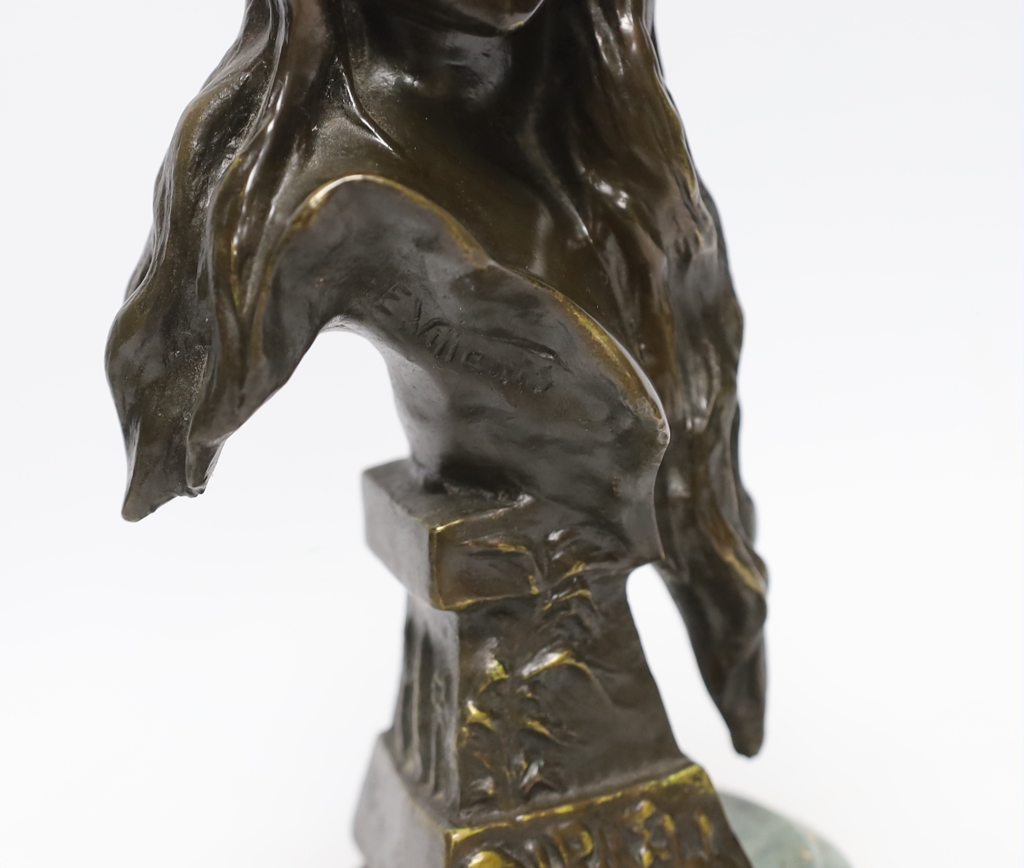 After Emmanuel Villanus (1858-1914), a patinated bronze bust of Carmela, raised on circular base, 26cm high